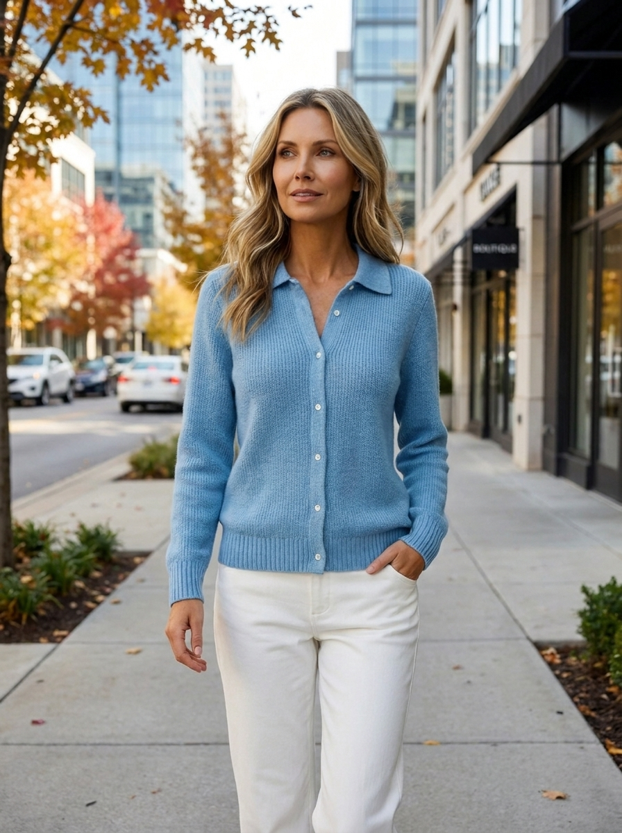 Woman in light blue polo collar cardigan walking in the city
