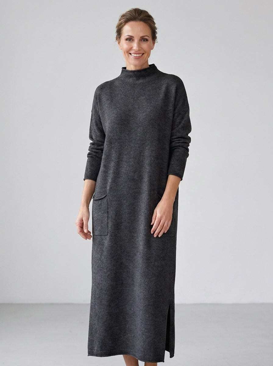 Dark grey charcoal oversized knit long-sleeve maxi dress