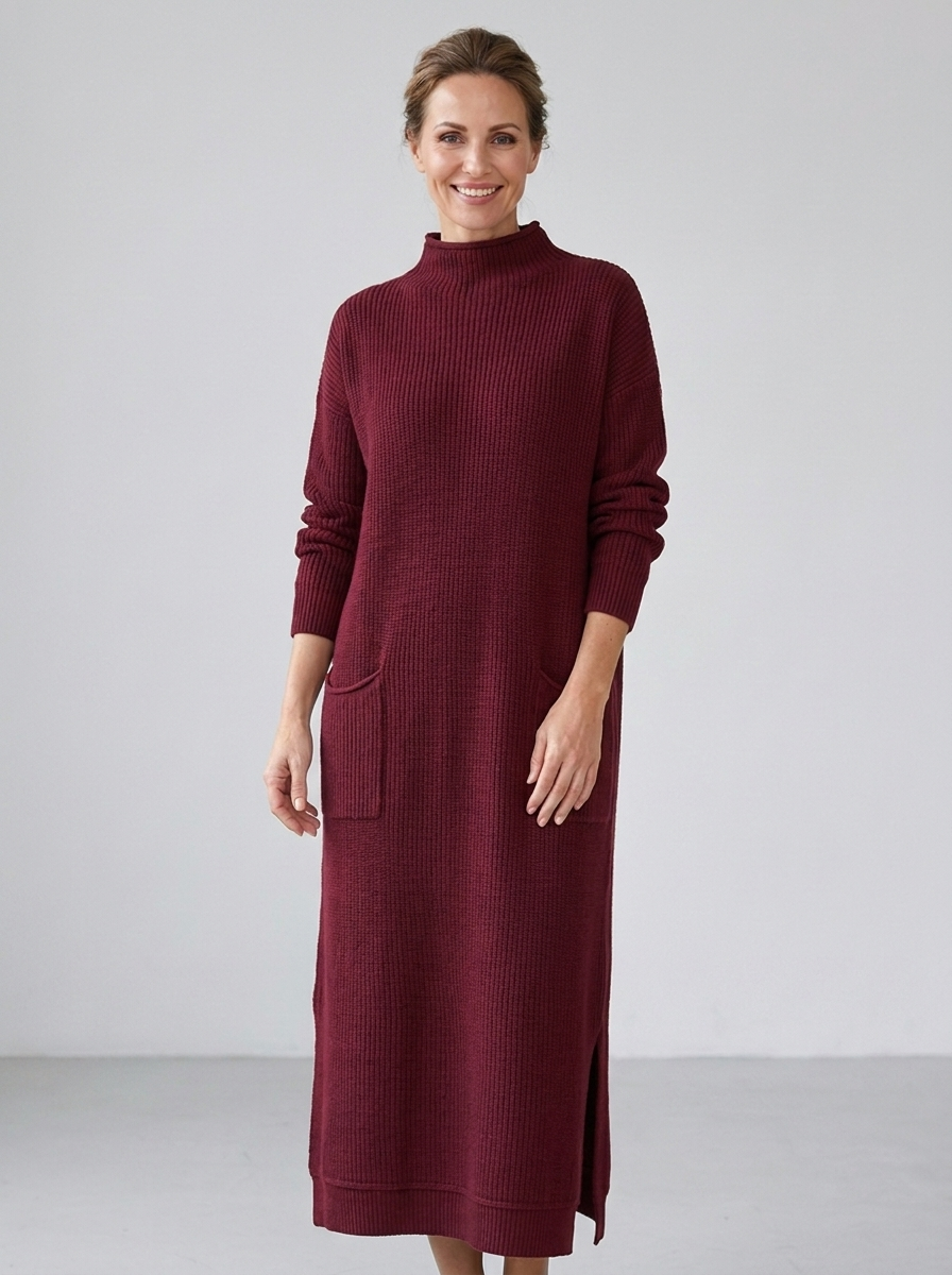 Wine red oversized knit long-sleeve maxi dress