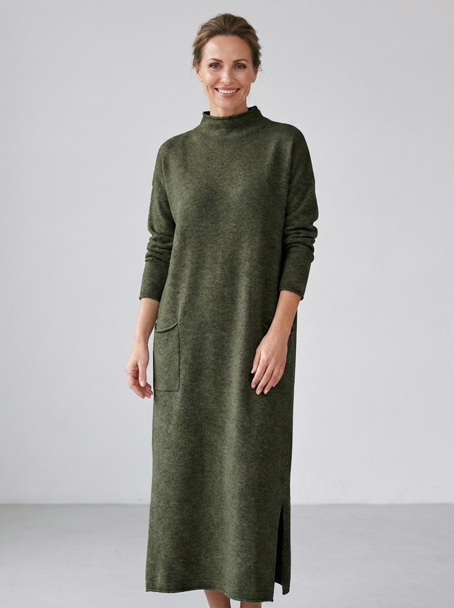 Army green olive oversized knit long-sleeve maxi dress