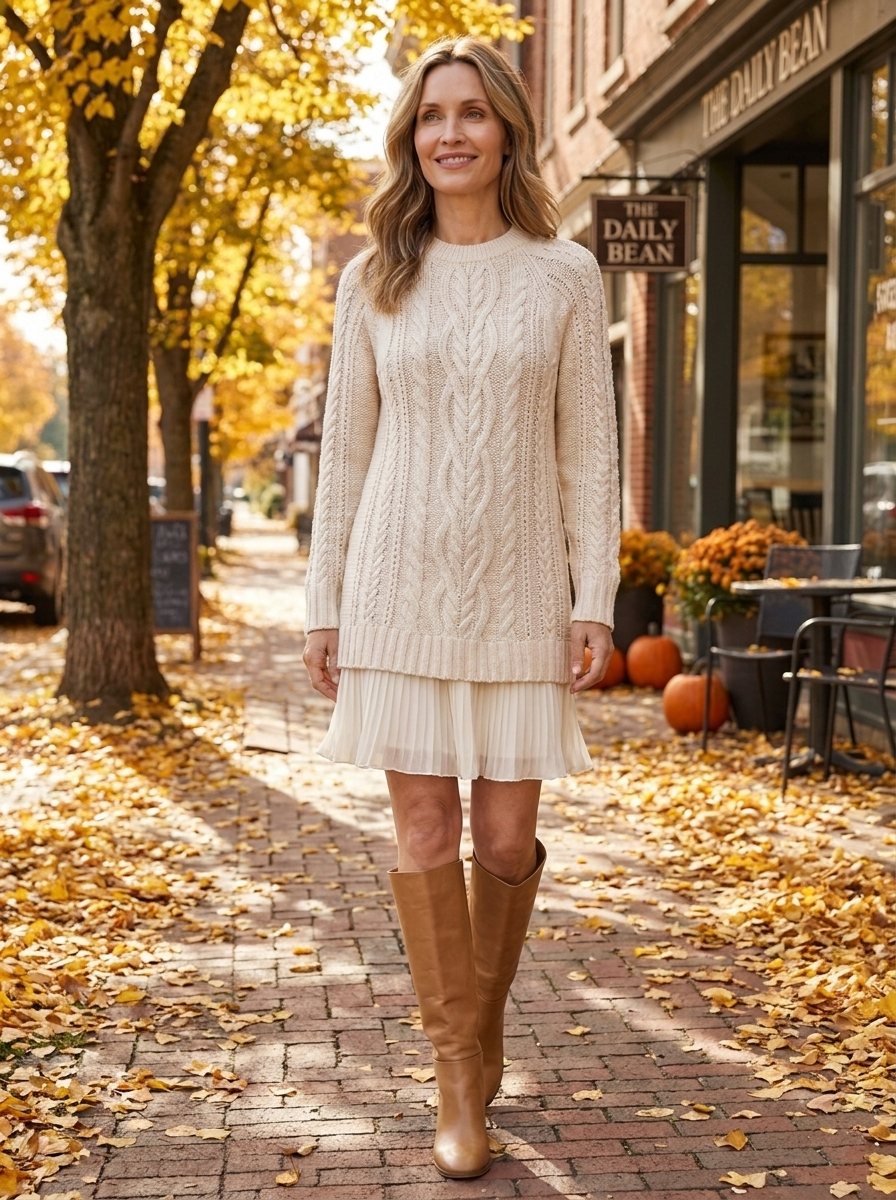 Woman wearing cream cable knit sweater dress walking on an autumn street
