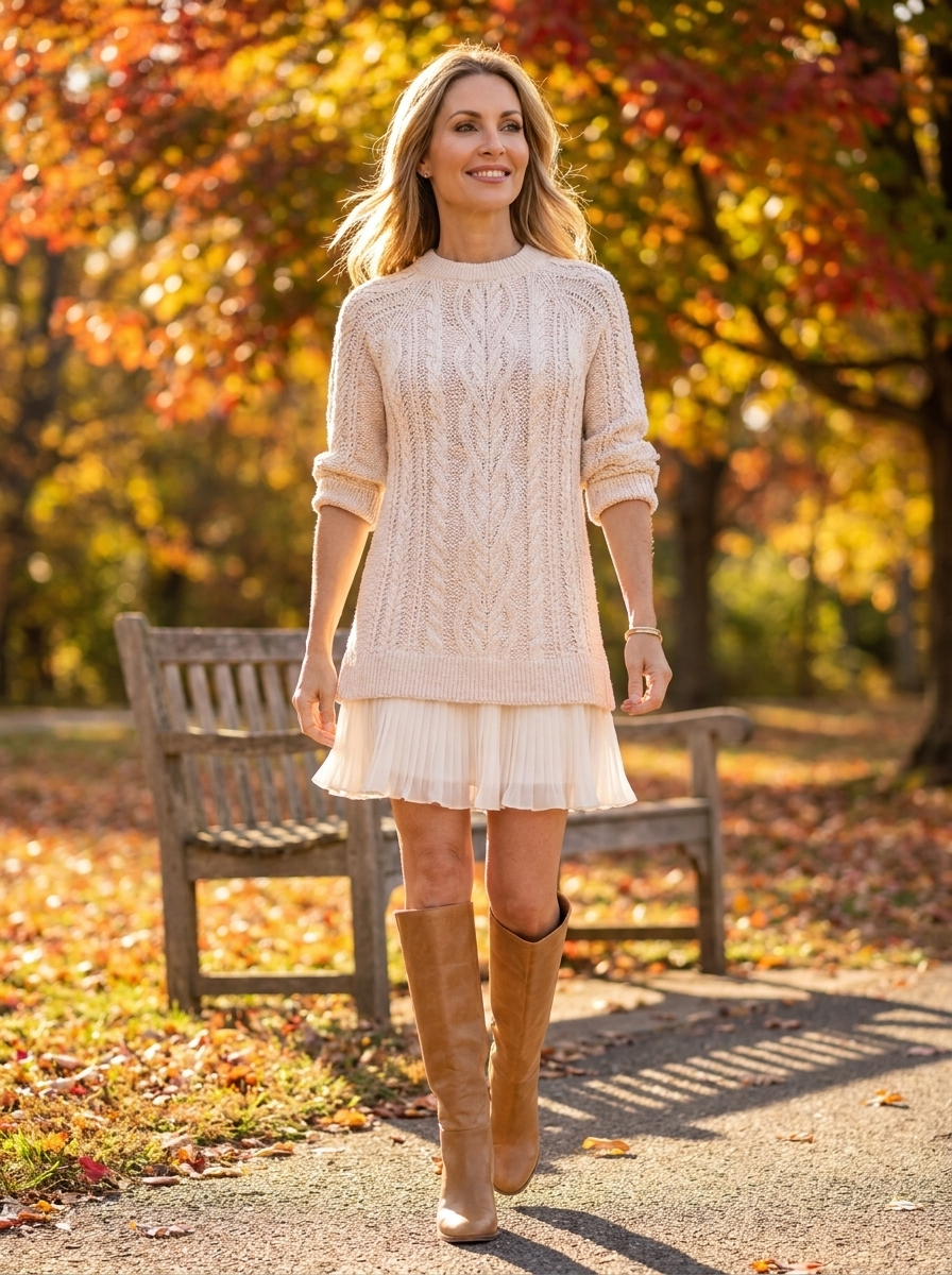 Woman walking through an autumn park in a cream cable-knit sweater mini dress and tan boots