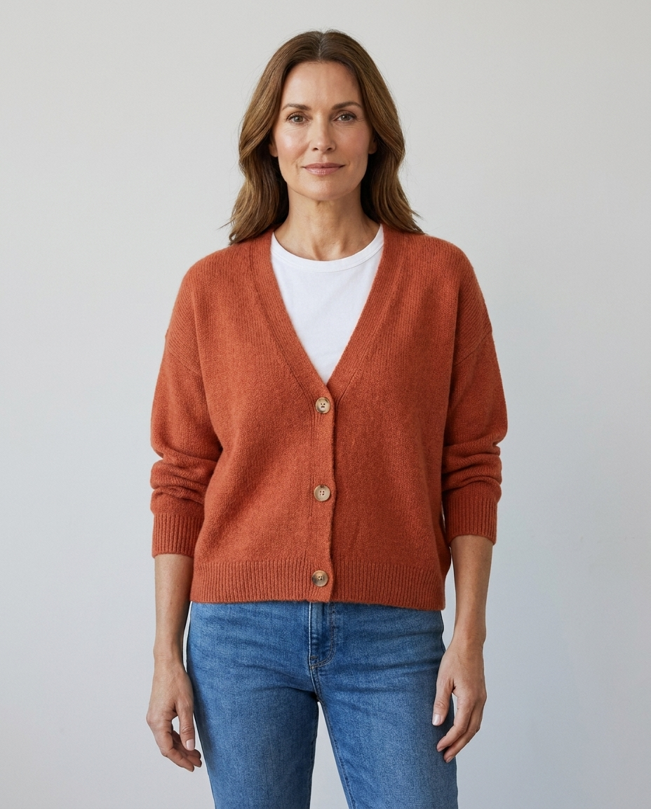Women's relaxed knit button-front V-neck cardigan in orange, worn over a white tee with jeans
