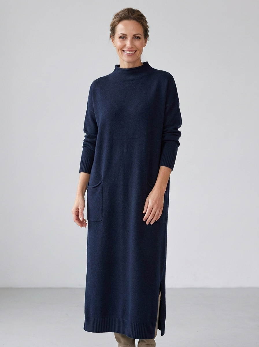 Dark navy blue oversized knit long-sleeve maxi dress