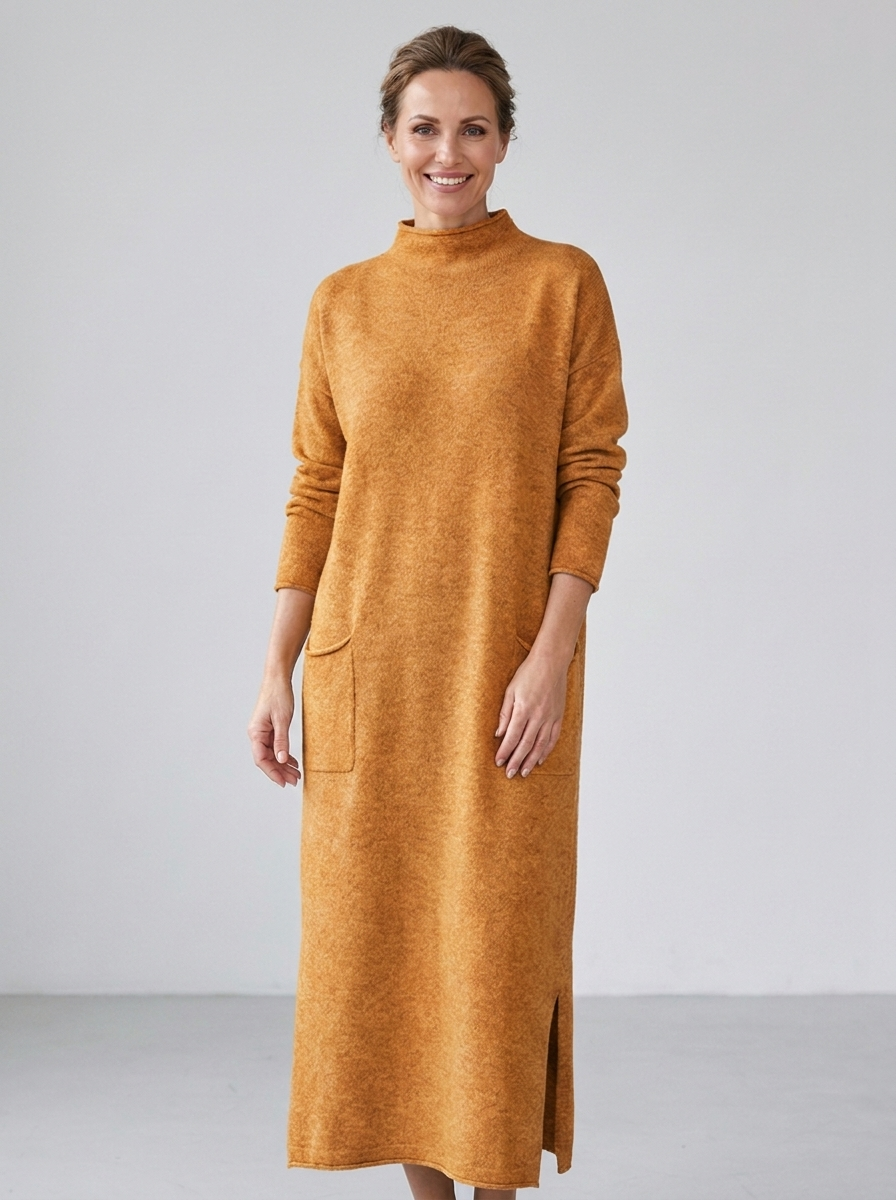 Warm orange caramel oversized knit long-sleeve maxi dress