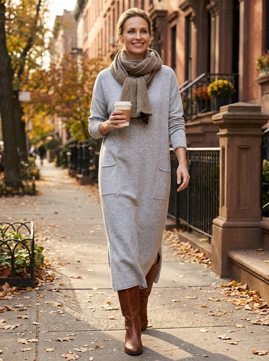 Woman walking outdoors in autumn wearing grey knit maxi dress with scarf and boots