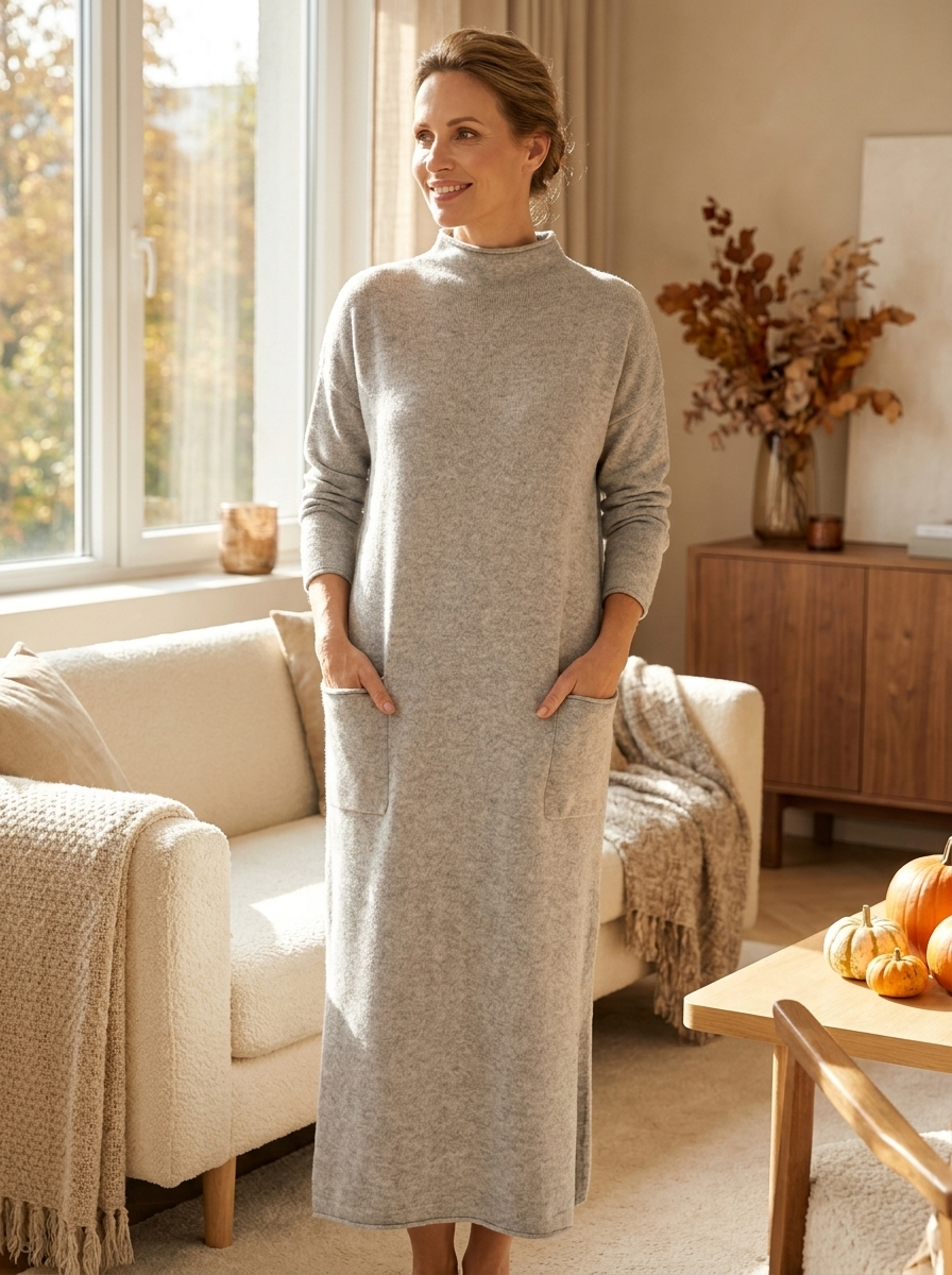 Woman relaxing in cozy autumn living room wearing grey knit maxi dress with pockets