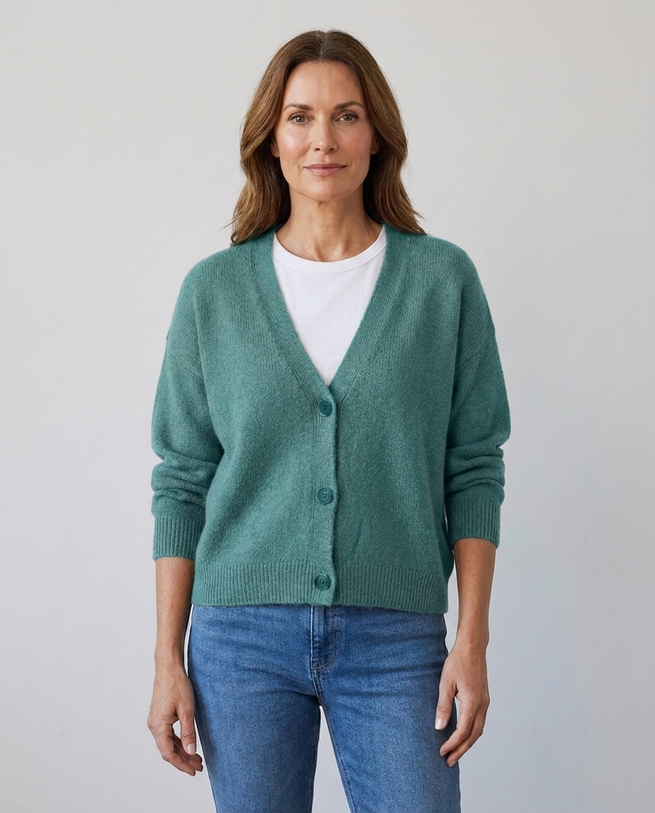 Women's relaxed knit button-front V-neck cardigan in lake blue, worn over a white tee with jeans