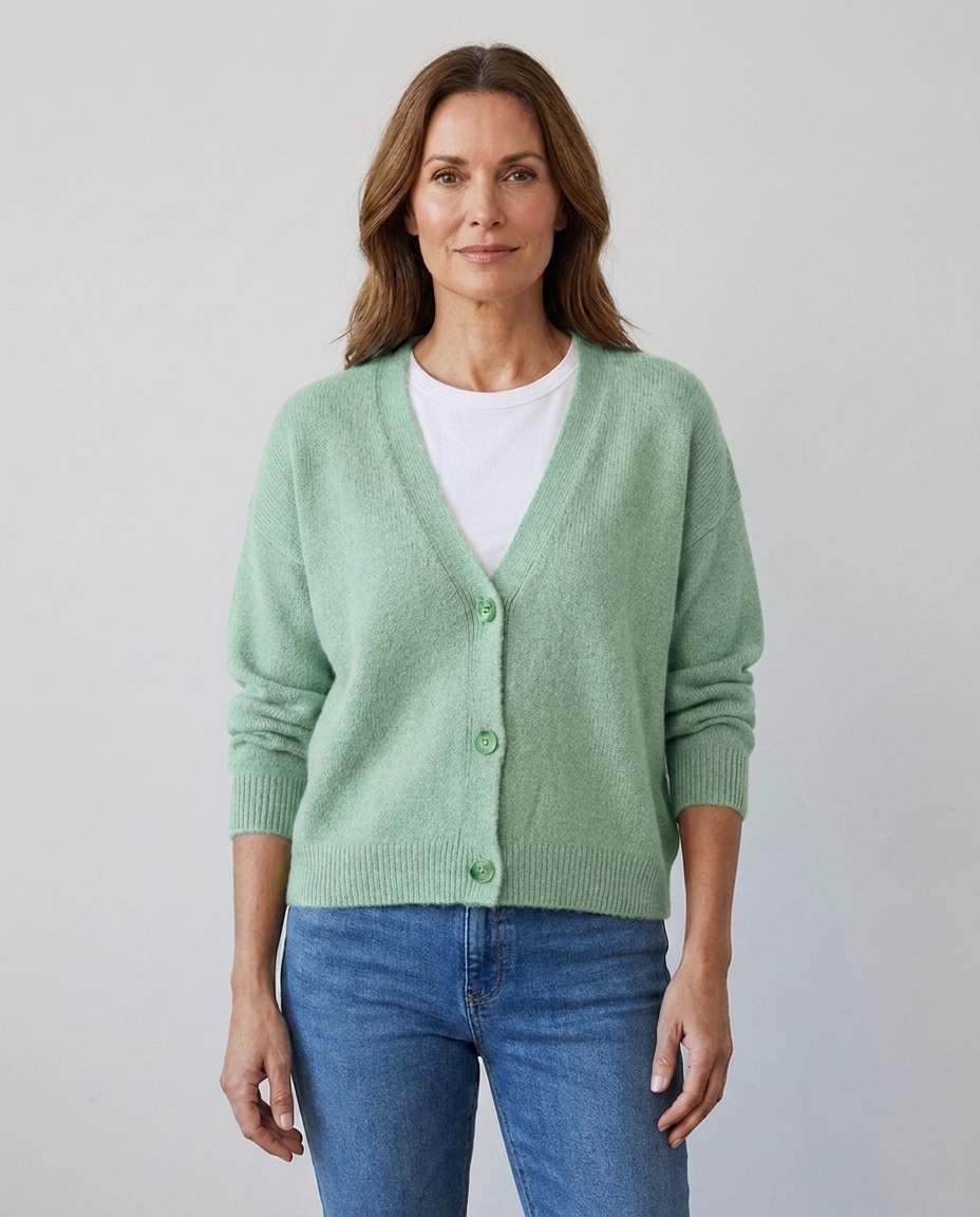 Women's relaxed knit button-front V-neck cardigan in light green, worn over a white tee with jeans