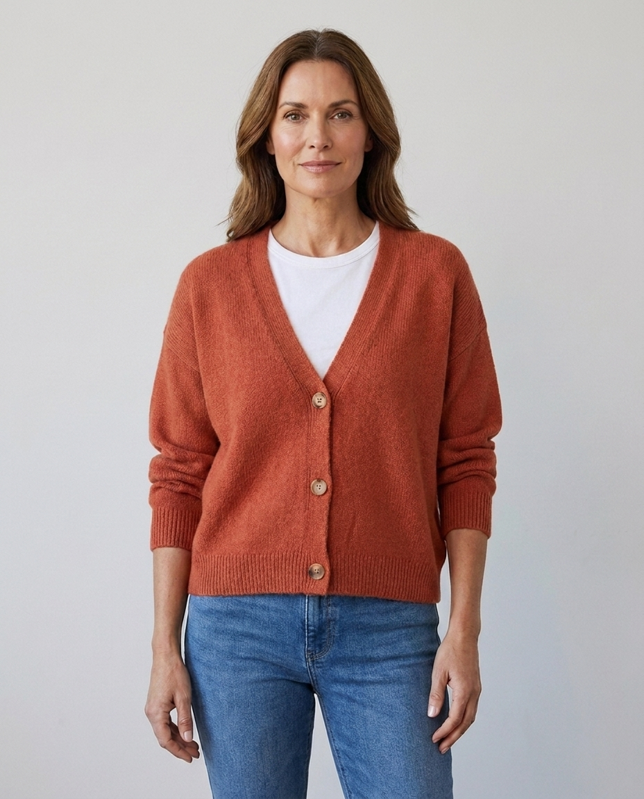 Women's relaxed knit button-front V-neck cardigan in rose red, worn over a white tee with jeans