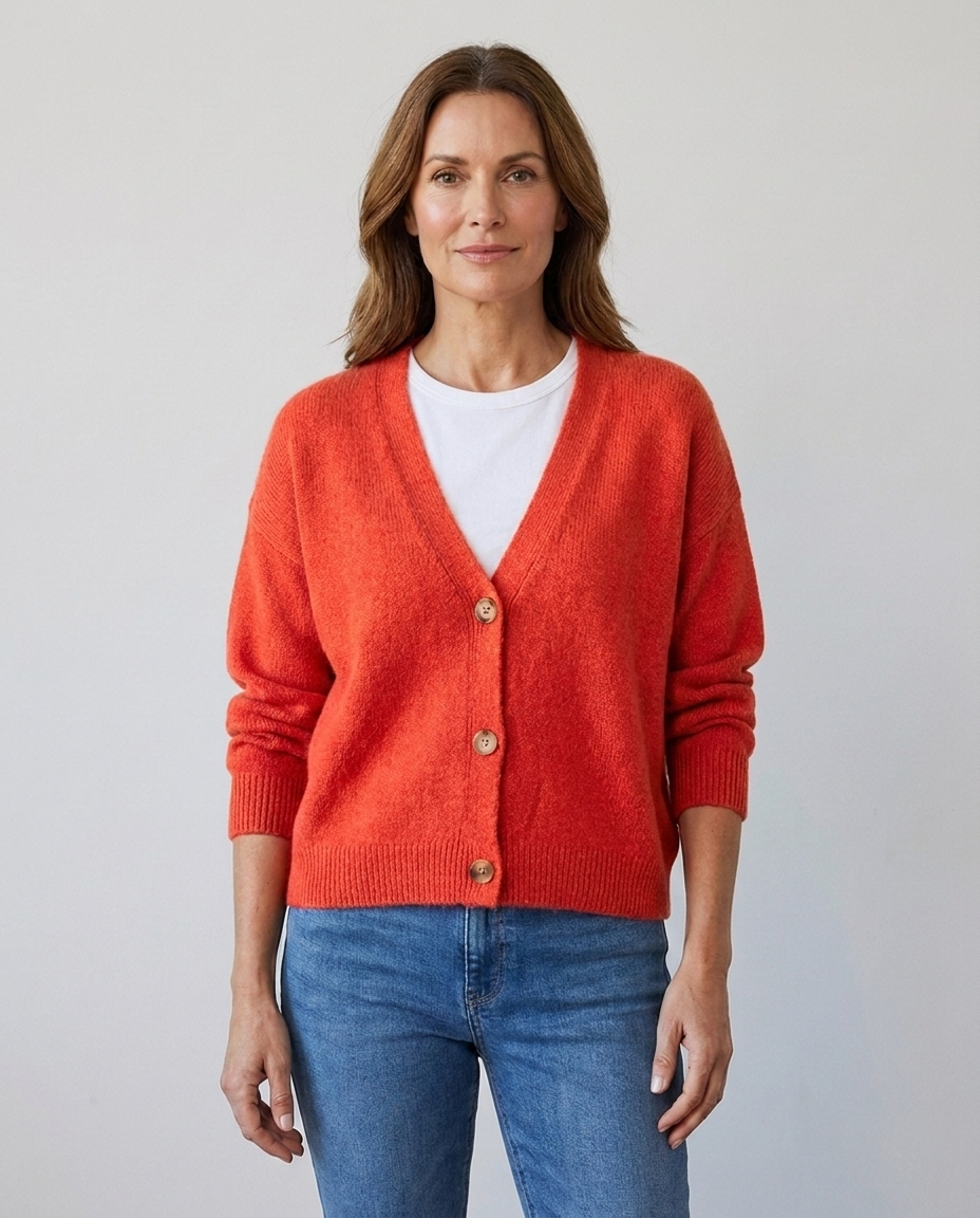 Women's relaxed knit button-front V-neck cardigan in orange red, worn over a white tee with jeans