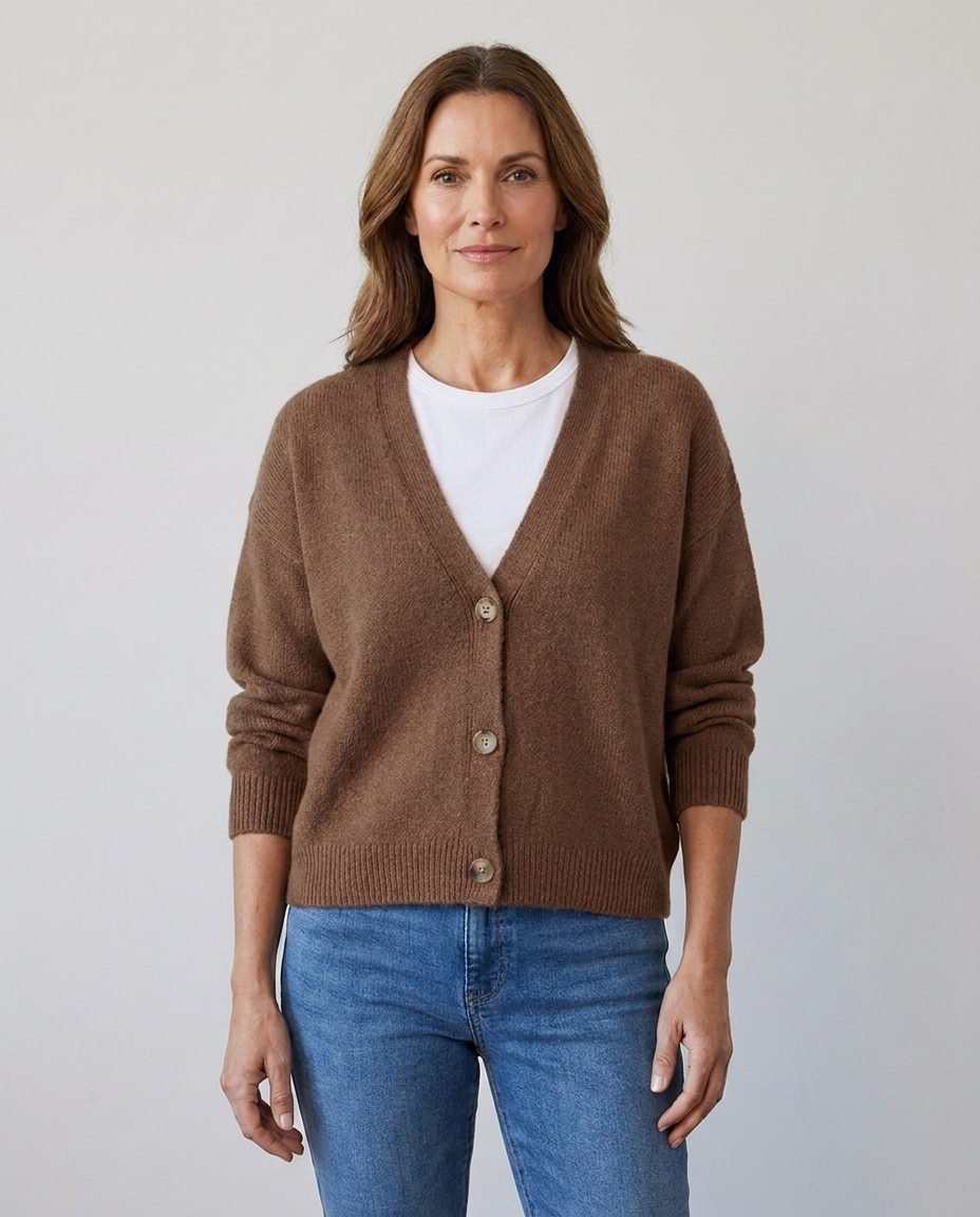Women's relaxed knit button-front V-neck cardigan in brown, worn over a white tee with jeans