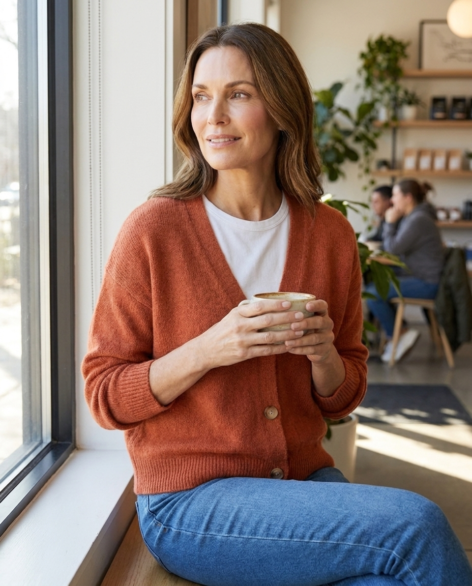 Woman in an orange knit cardigan relaxing with coffee in a bright cafe
