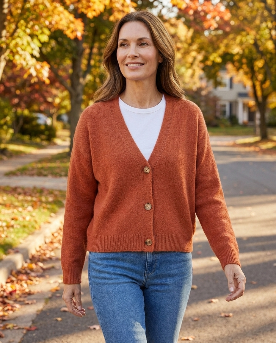 Woman wearing an orange knit cardigan walking outdoors on an autumn street