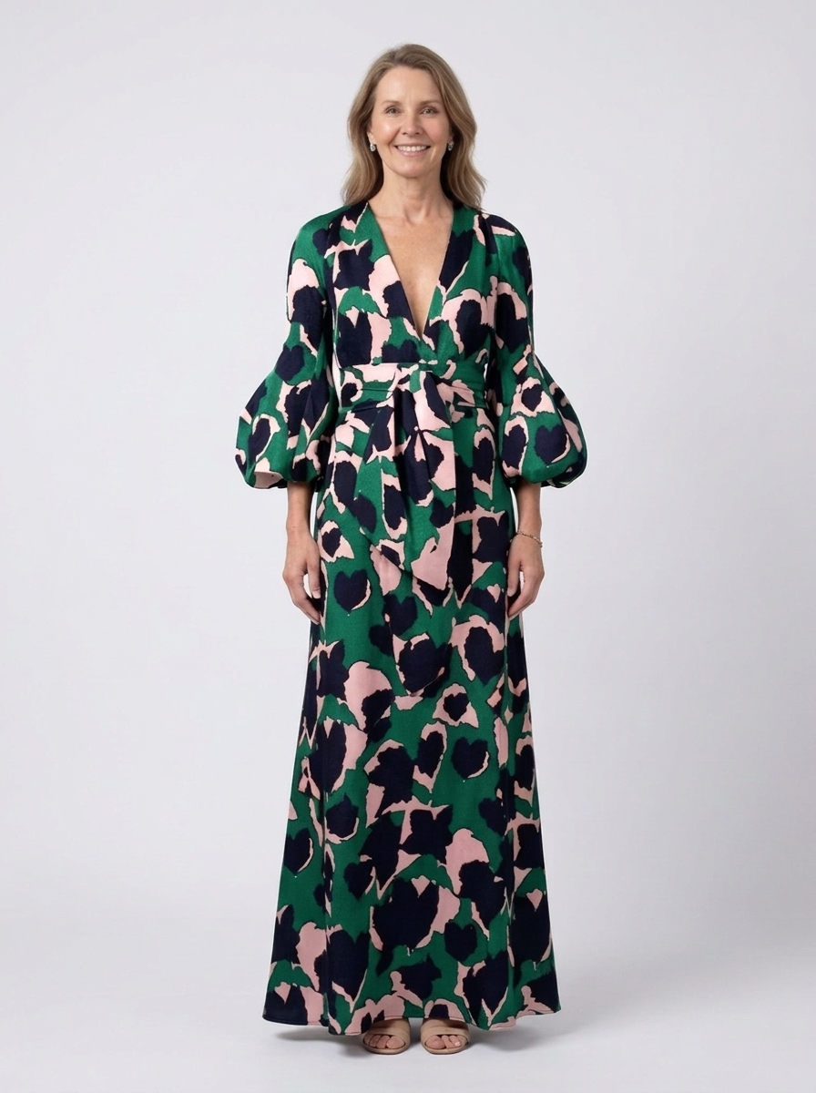 Women's tea party dress in green heart print, V-neck tie-waist long-sleeve maxi