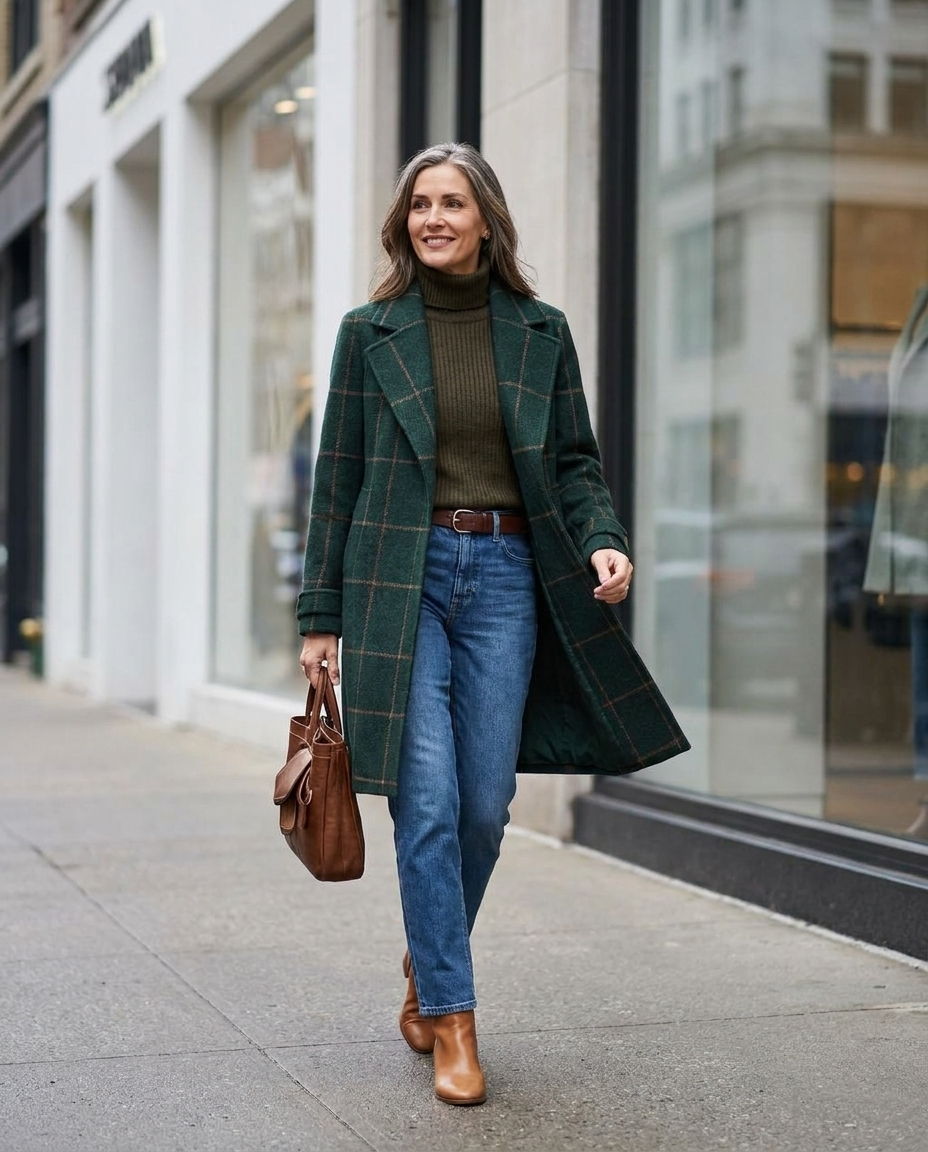 Woman walking on a city street in a dark green windowpane check wool-blend coat