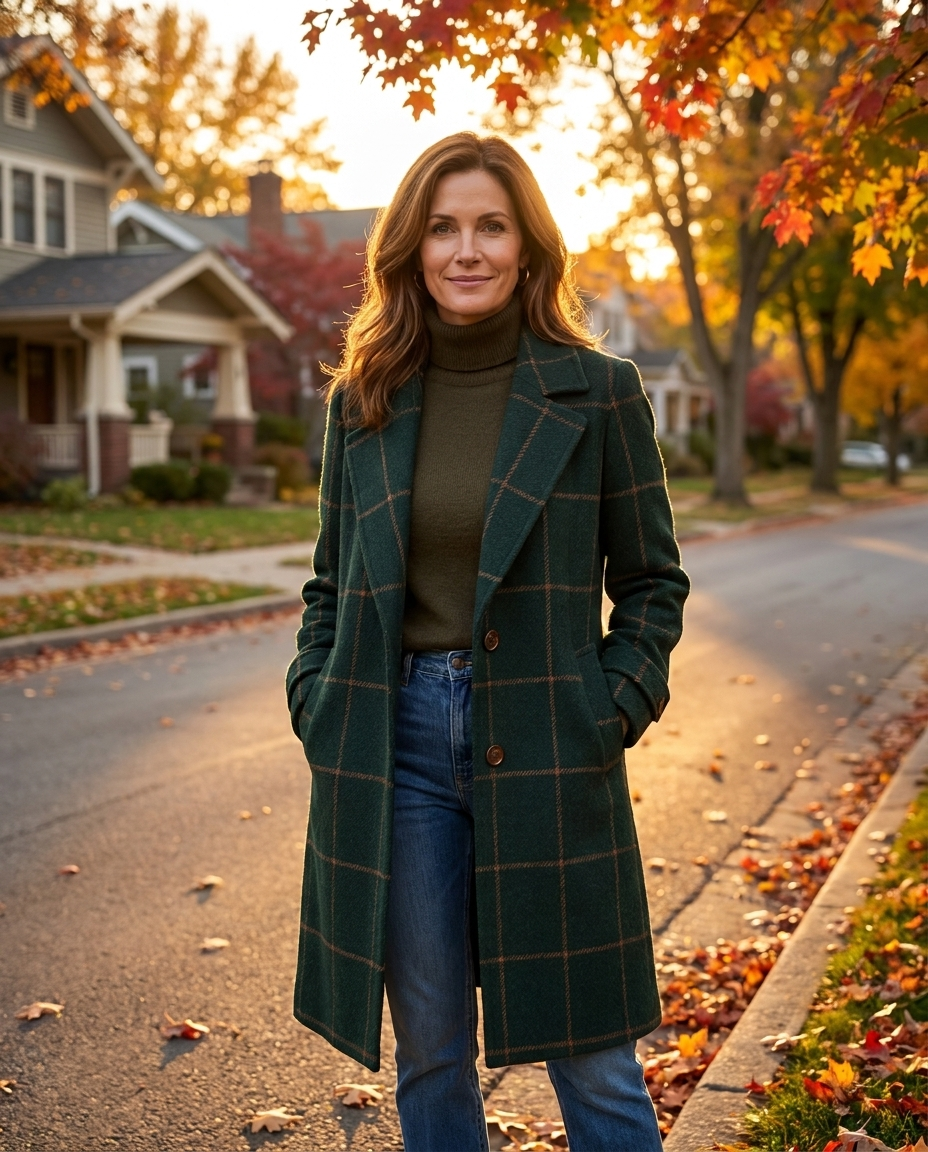 Woman in a dark green windowpane check wool-blend coat on a golden-hour autumn street