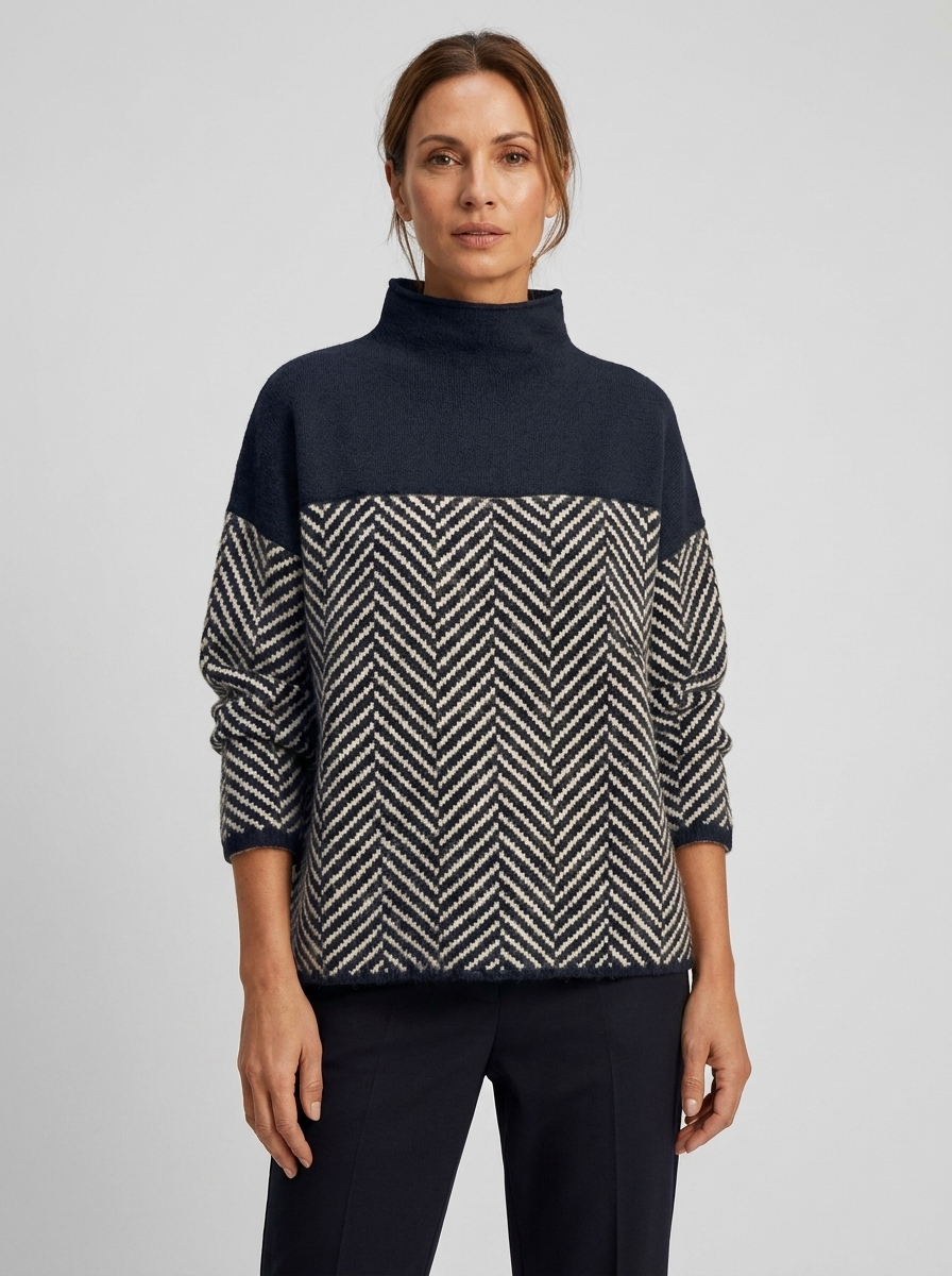 Women's herringbone colorblock turtleneck sweater in navy blue