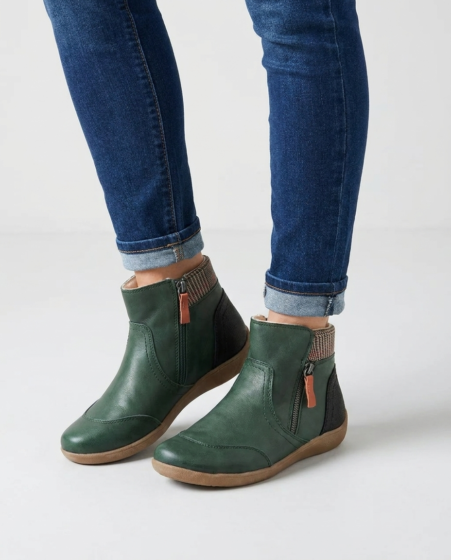 Women's low heel green leather ankle boots with side zip