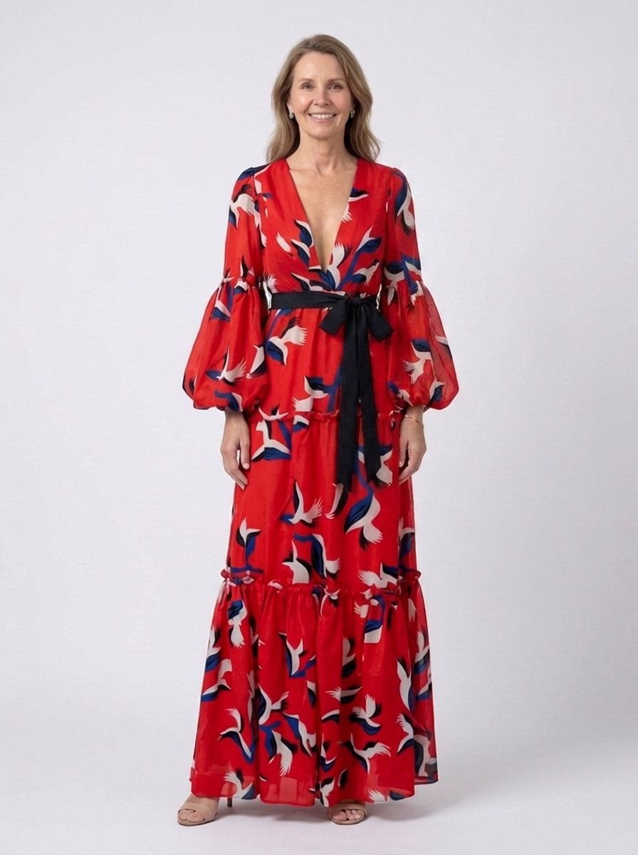 Women's tea party dress in red floral print, V-neck tie-waist long-sleeve maxi