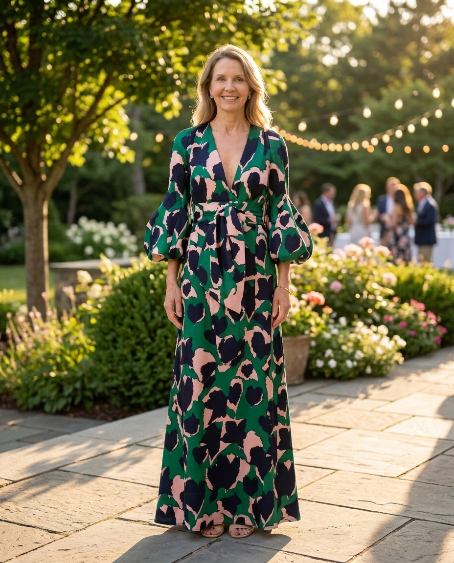 Woman wearing green print maxi tea party dress at a garden party
