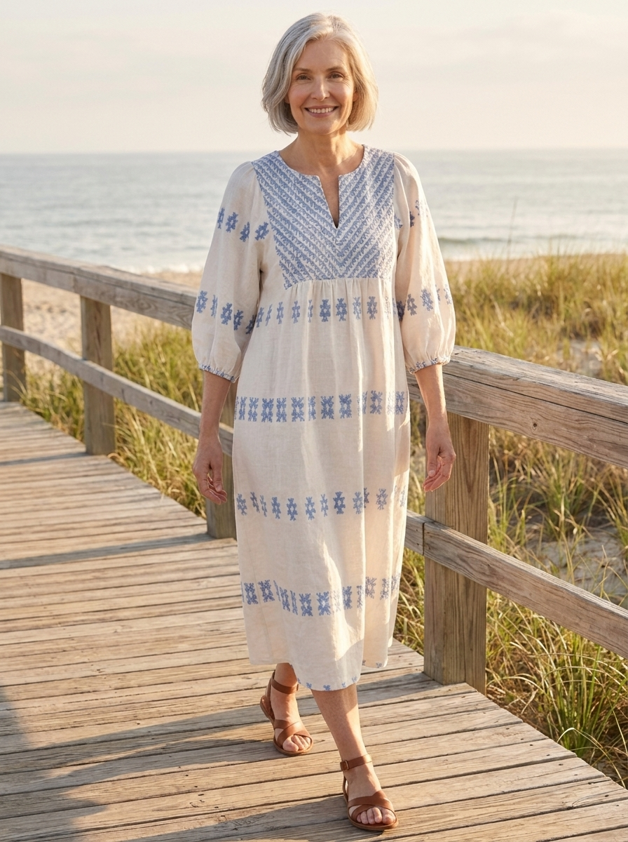Woman walking a coastal boardwalk in ivory embroidered linen midi brunch dress, lifestyle