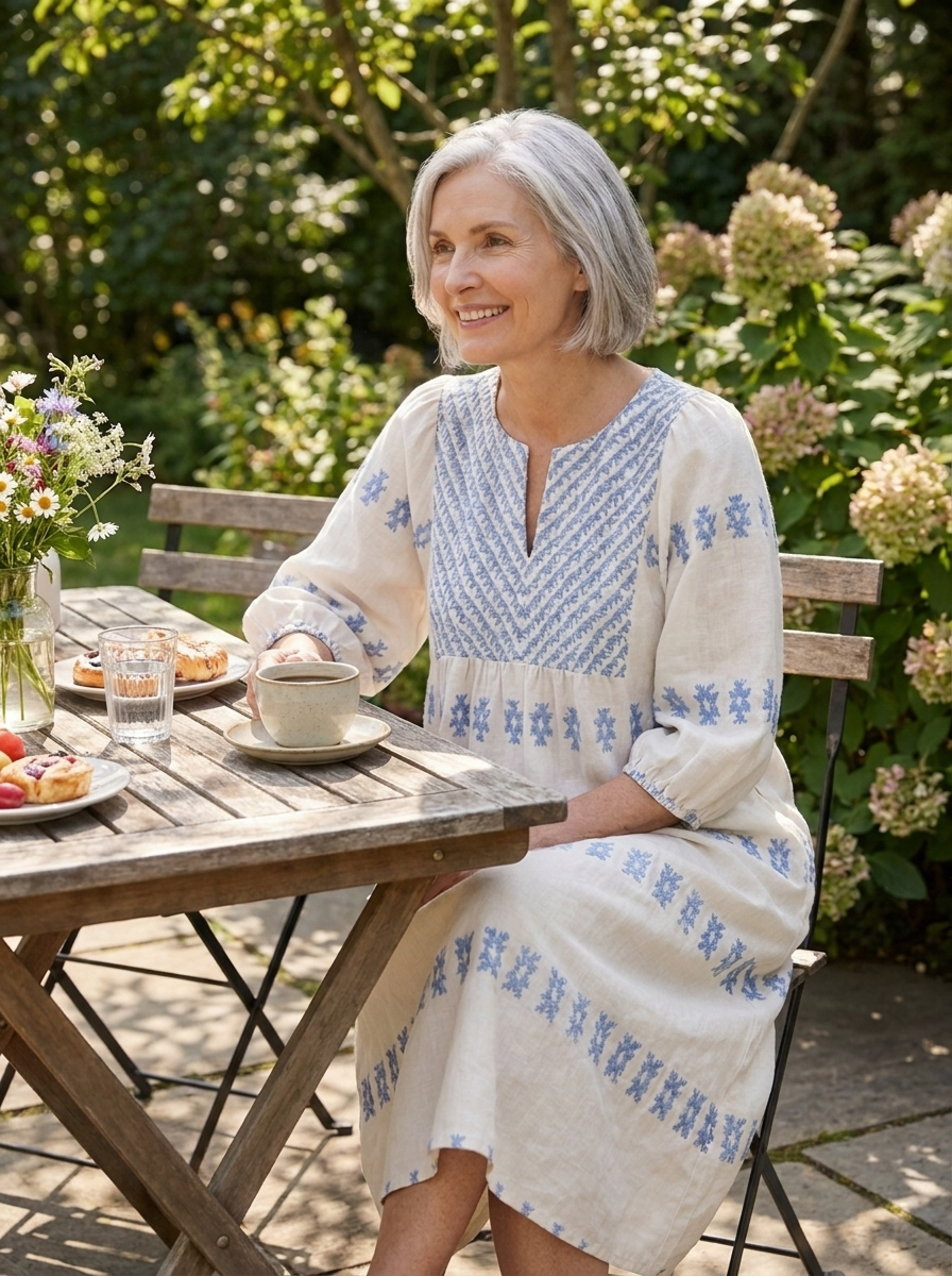 Woman at a sunny garden brunch table in ivory embroidered linen midi dress, lifestyle