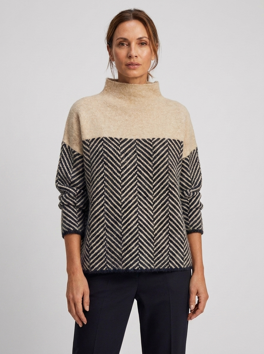 Women's herringbone colorblock turtleneck sweater in beige