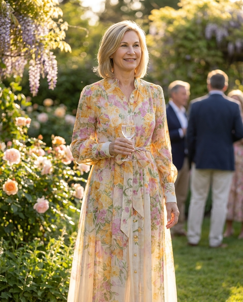 Woman in yellow floral maxi dress at a spring garden party