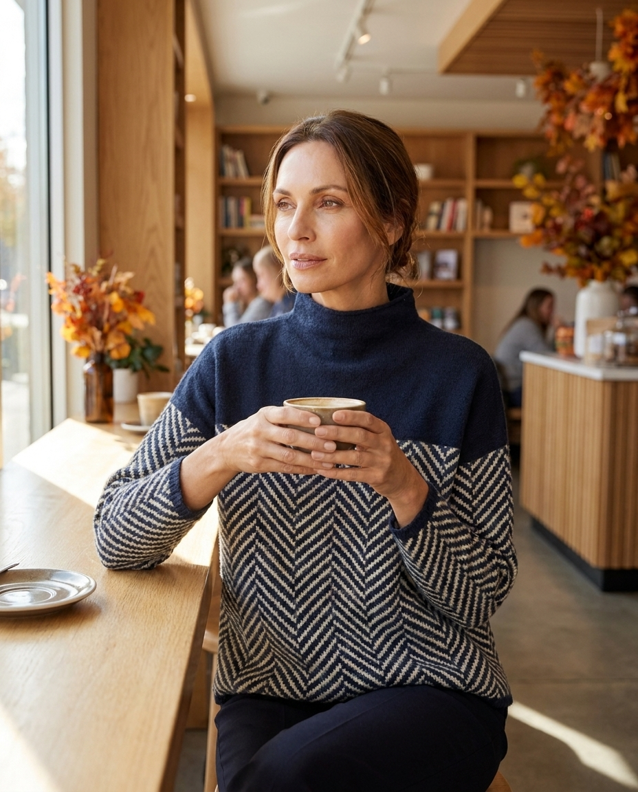 Woman wearing navy herringbone turtleneck sweater at a cafe