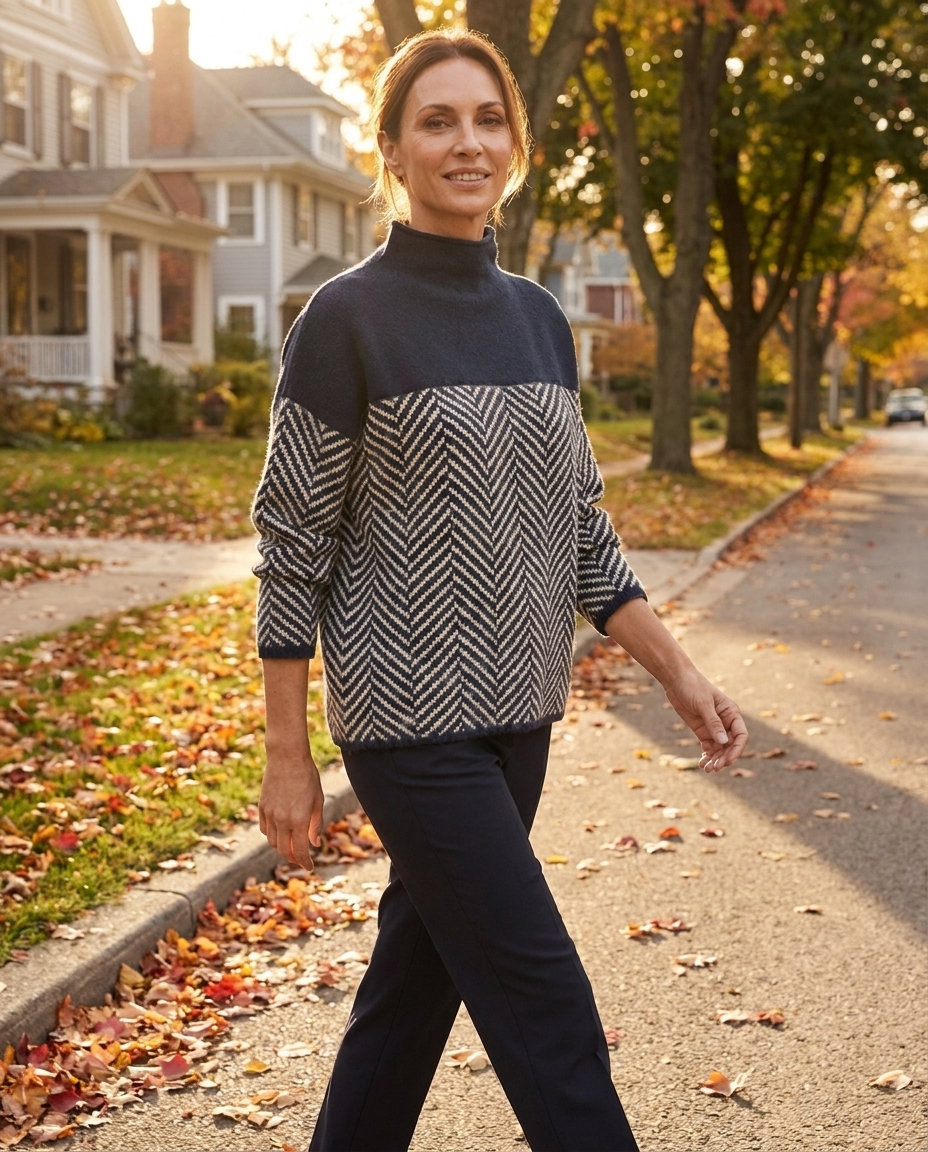 Woman walking in navy herringbone turtleneck sweater on an autumn street
