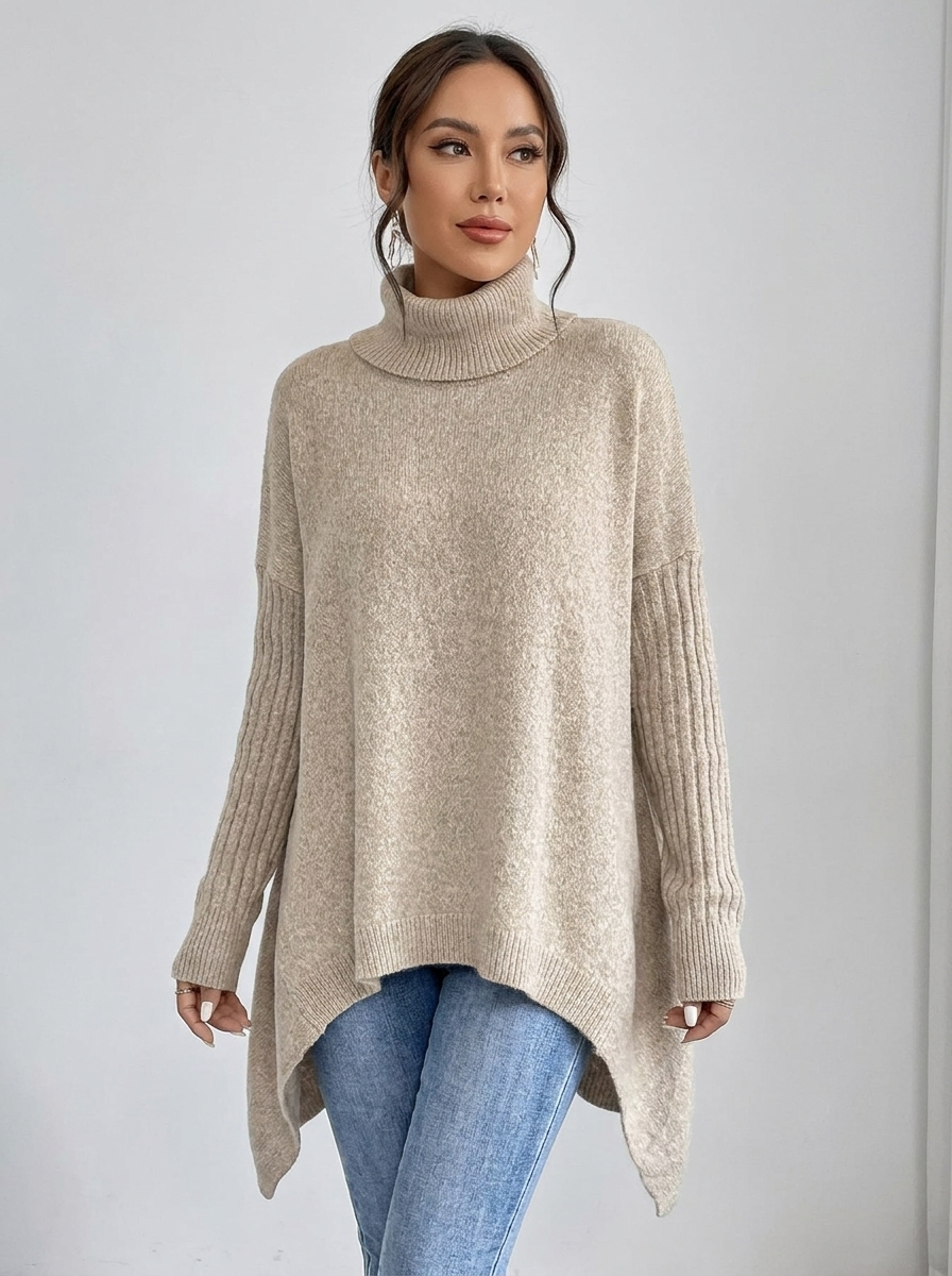 Woman wearing Desert Khaki oversized turtleneck tunic sweater with jeans