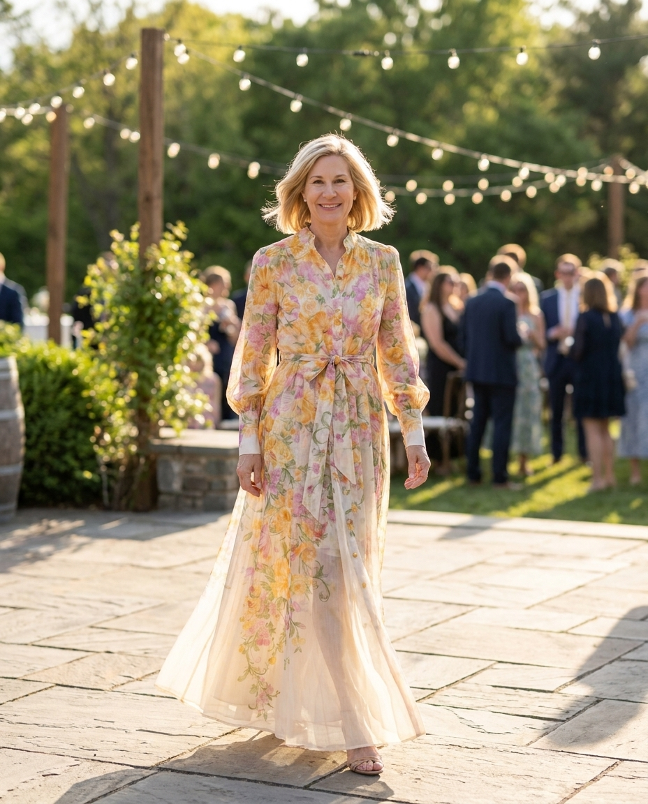 Woman in yellow floral maxi dress at an outdoor spring wedding reception