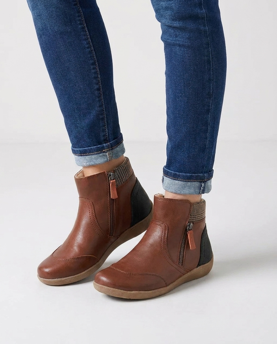 Women's brown leather ankle boots with side zip