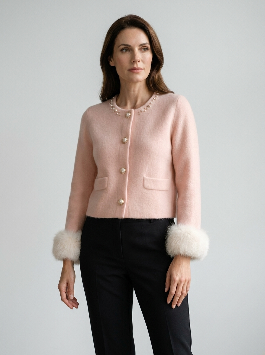 Women's pink pearl-trim cashmere cardigan jacket with fur cuffs, full-body front