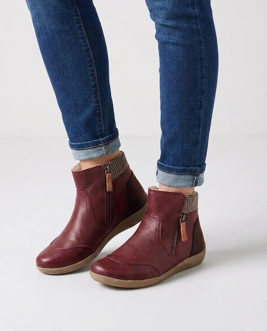 Women's red leather ankle boots with side zip