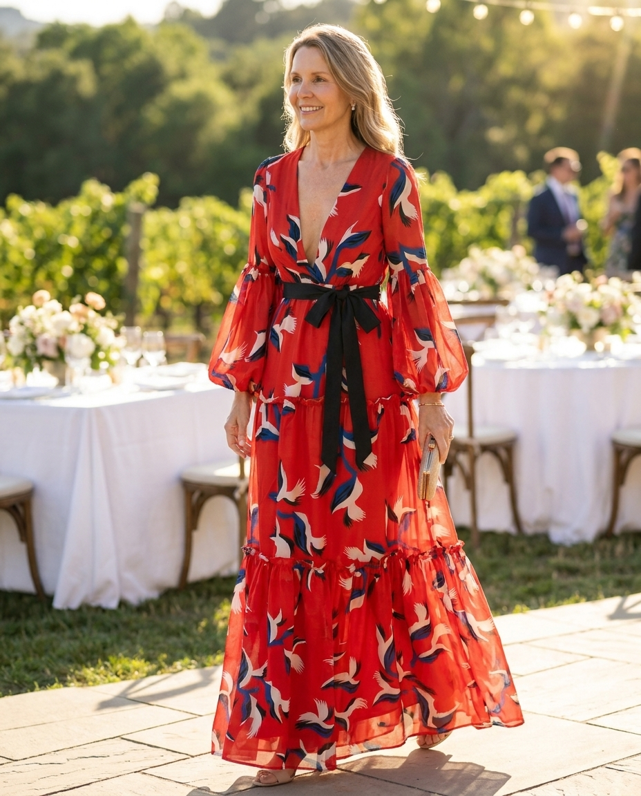 Woman wearing red floral maxi tea party dress at a vineyard wedding
