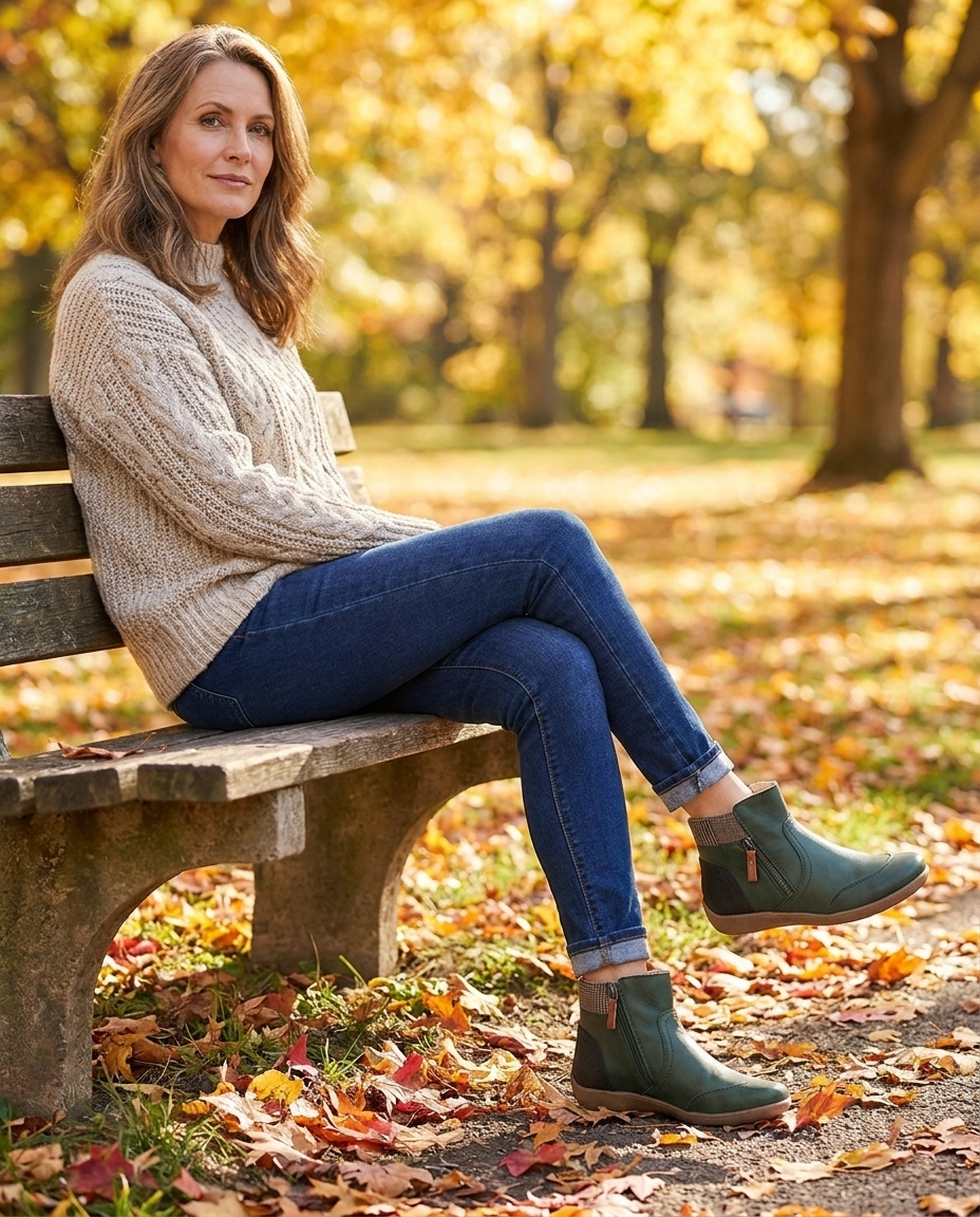 Woman wearing green leather ankle boots in an autumn park