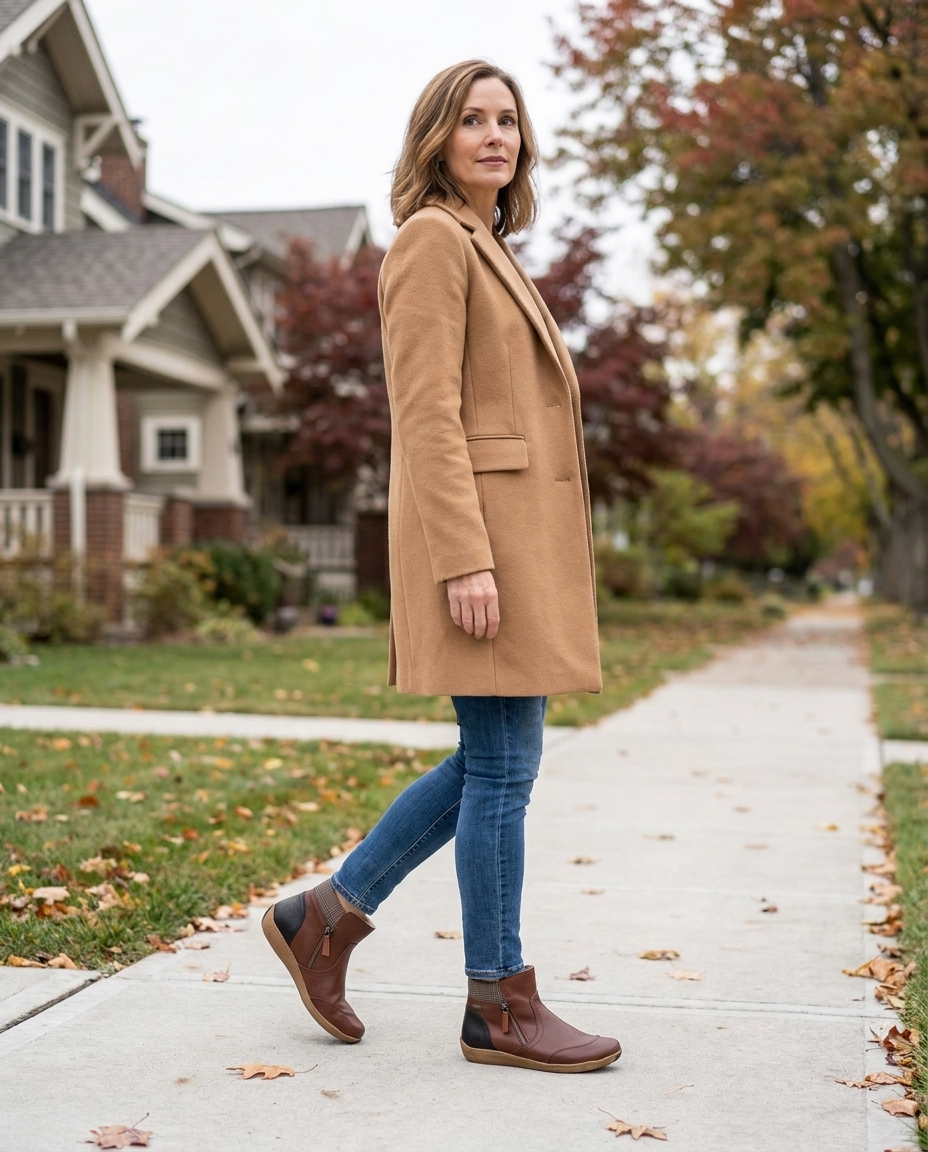 Woman wearing brown leather ankle boots on an autumn walk