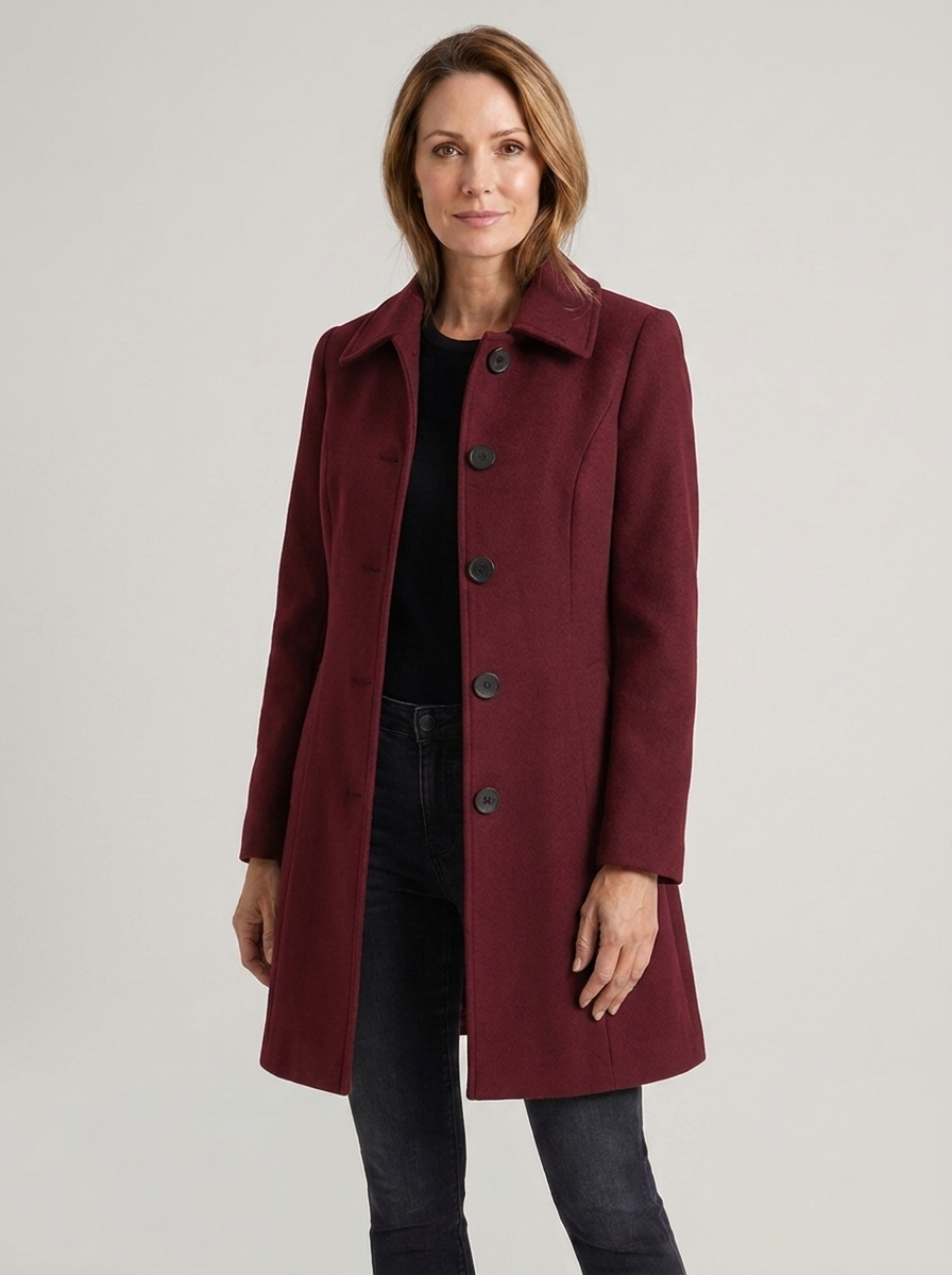 Women's burgundy single-breasted wool winter coat, full-body front