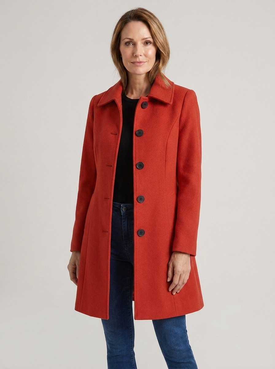 Women's red single-breasted wool winter coat, full-body front