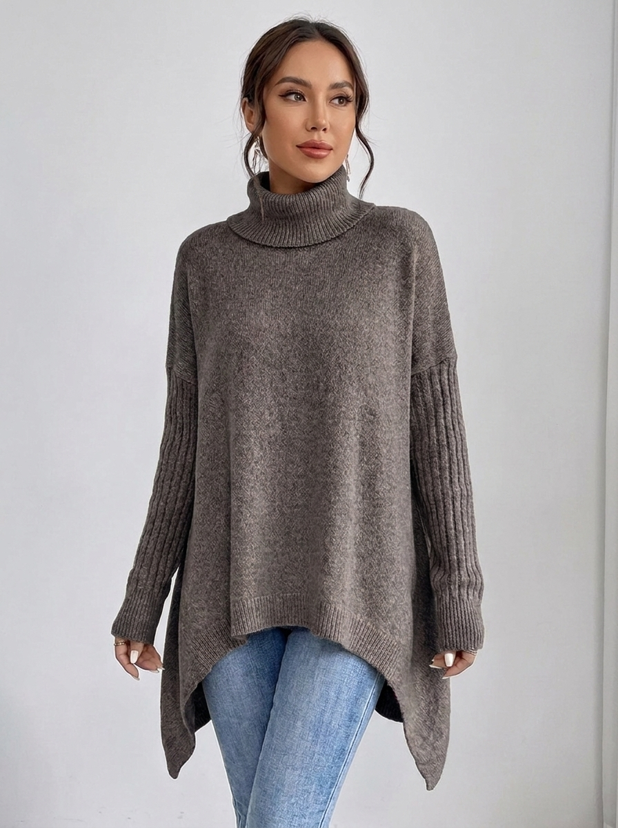 Woman wearing Espresso Brown oversized turtleneck tunic sweater