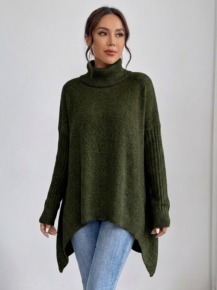 Woman wearing Green oversized turtleneck tunic sweater