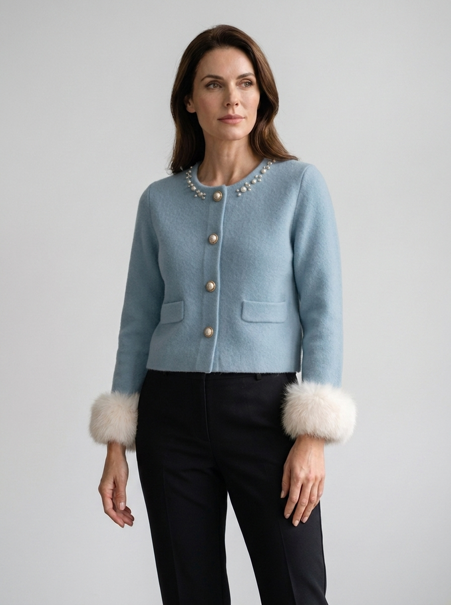 Women's light blue pearl-trim cashmere cardigan jacket with fur cuffs