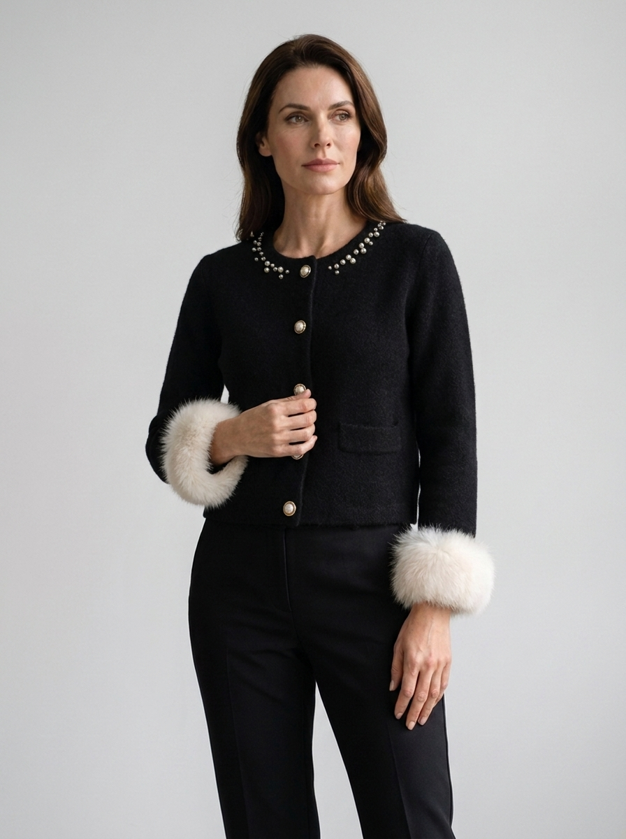 Women's black pearl-trim cashmere cardigan jacket with fur cuffs
