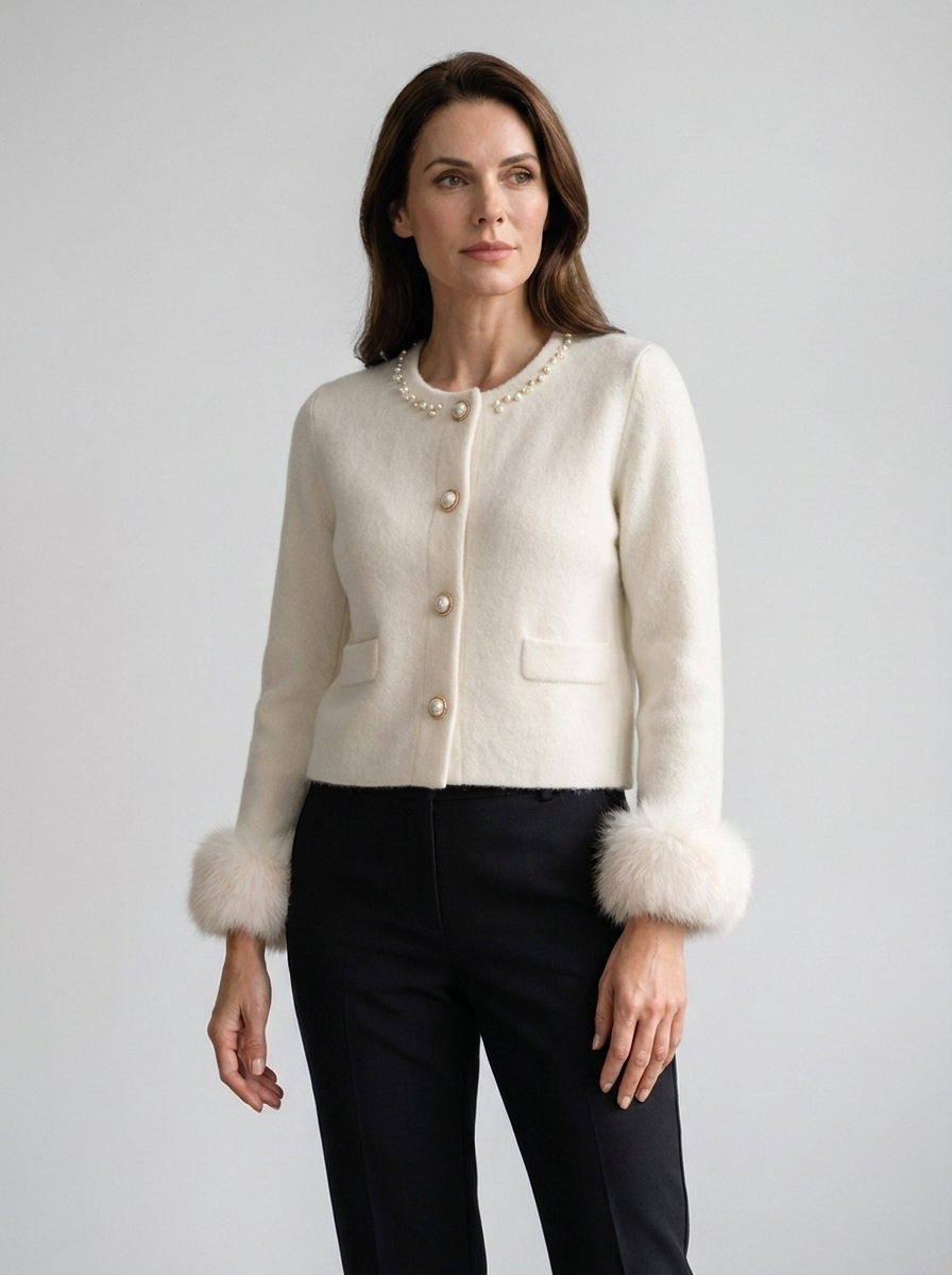 Women's ivory white pearl-trim cashmere cardigan jacket with fur cuffs