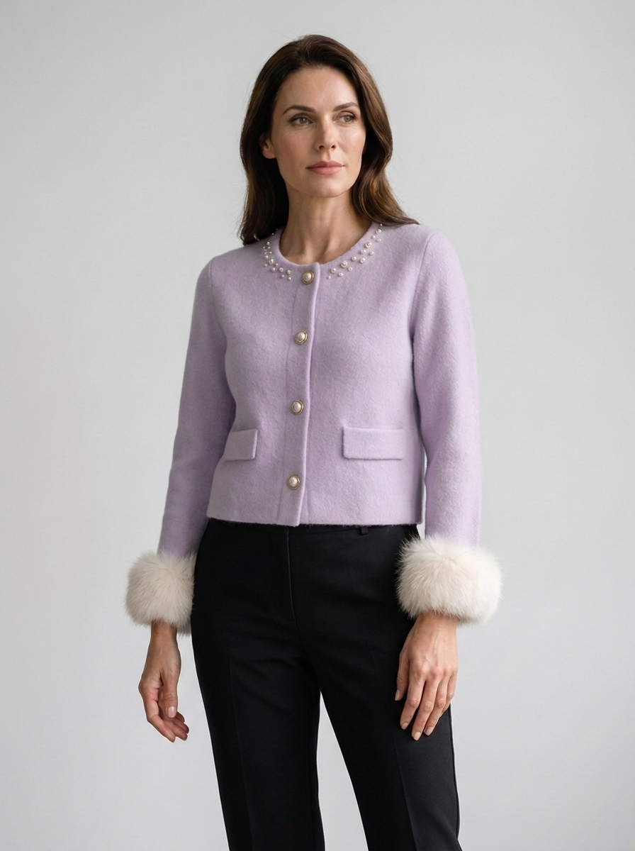 Women's lilac purple pearl-trim cashmere cardigan jacket with fur cuffs