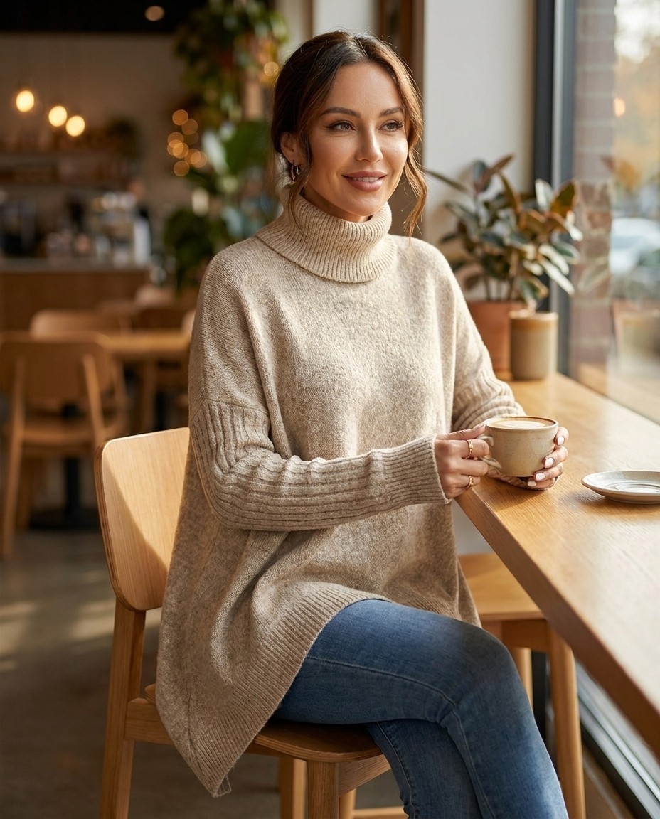 Woman in oversized turtleneck tunic sweater seated at a cafe with coffee