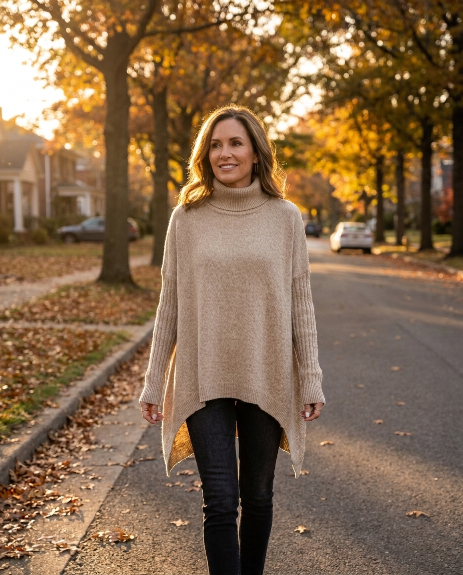 Woman walking on autumn street in oversized turtleneck tunic sweater