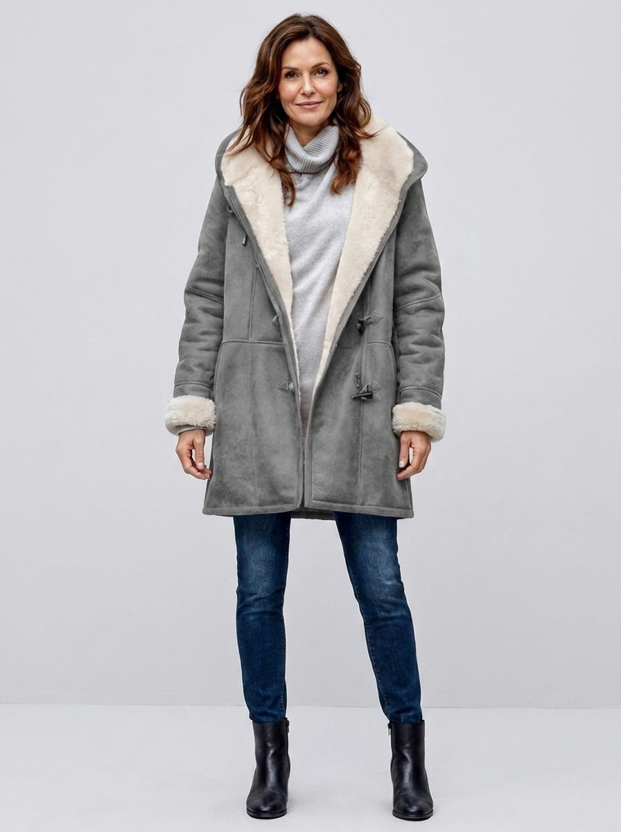 Woman wearing gray hooded sherpa-lined winter coat